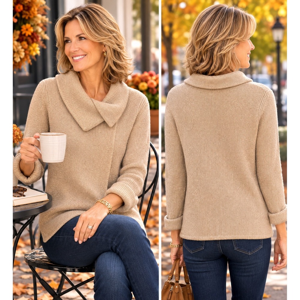 Talbots Womens Beige Metallic Shimmer Wool Blend Open Front Cardigan Sweater L